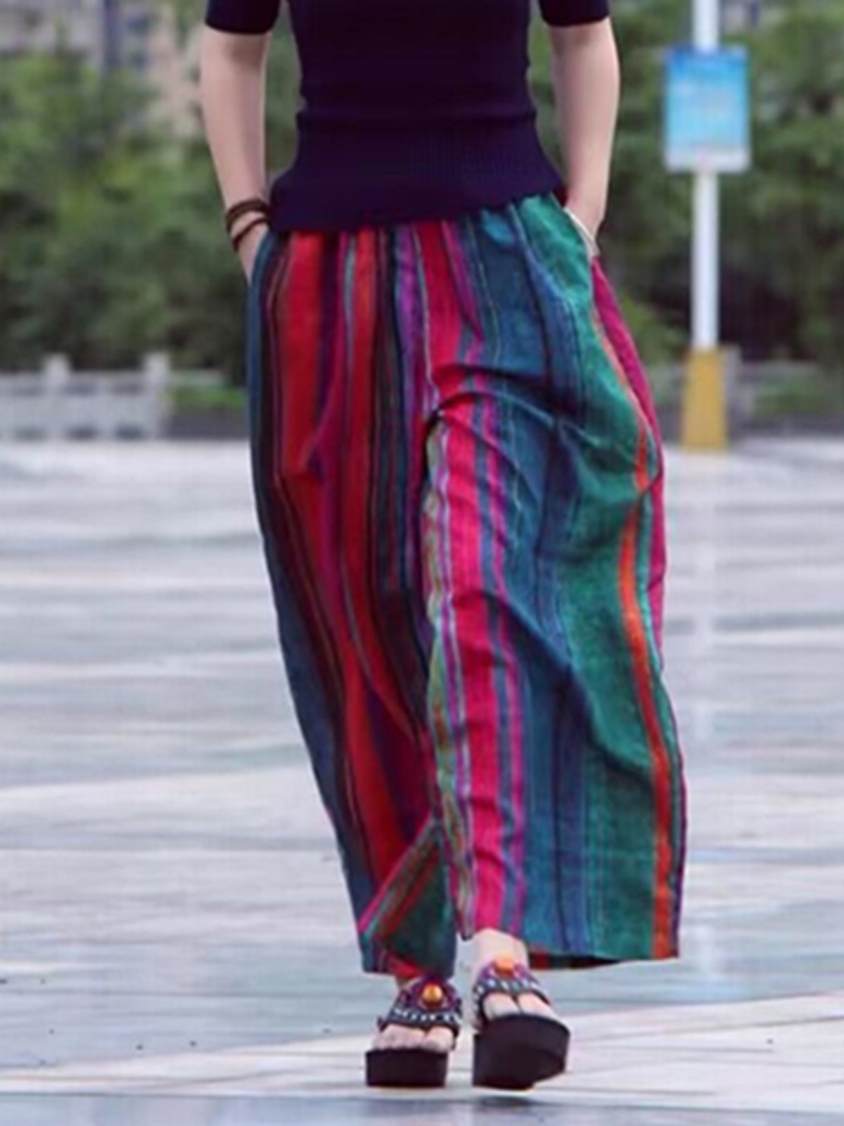 Summer Casual Artistic Wide Le - Ethnic Fashion Style 评论和价格